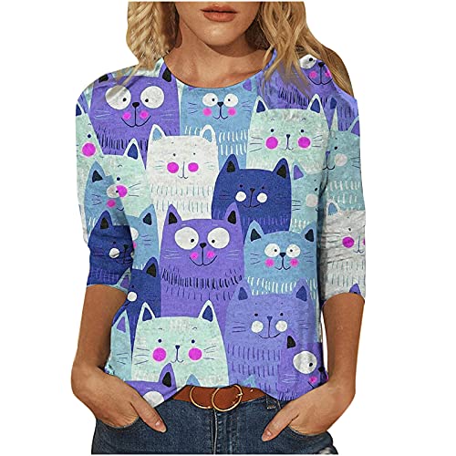 3/4 Sleeve Tops for Womens Cute Cat T Shirts Crew Neck Blouse