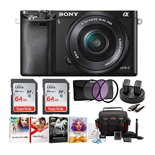 Sony Alpha a6000 Mirrorless Camera with 16-50mm Lens and Two 64GB SD Card Bundle (8 Items)