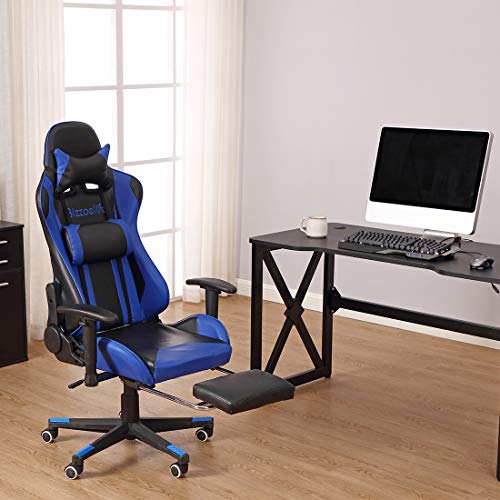 Gaming Chair Ergonomic Racing - Bizzoelife High Back PU Leather Adjustable Office Chair with Footrest Backrest Headrest (Blue)