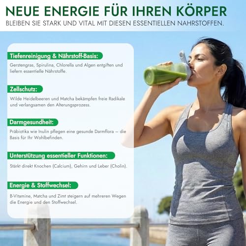 Green Detoxification Powder, 200 g Green Powder Helper, Superfood Powder Helper Plant Powder with Matcha, Barley Grass, Spirulina & Blueberries, Rich in Macronutrients, Micronutrients & Fibre, Vegan