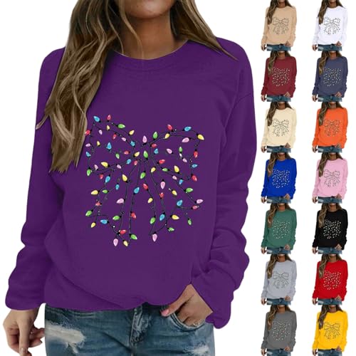 tacniseyw Christmas Jumpers For Women Uk Funny Christmas Print Sweatshirt Bow Print Xmas Shirt Long Sleeve Plus Size Shirt Ladies Ugly Xmas Sweatshirt Fall Winter Jumper Fashion Pullover Tops Purple