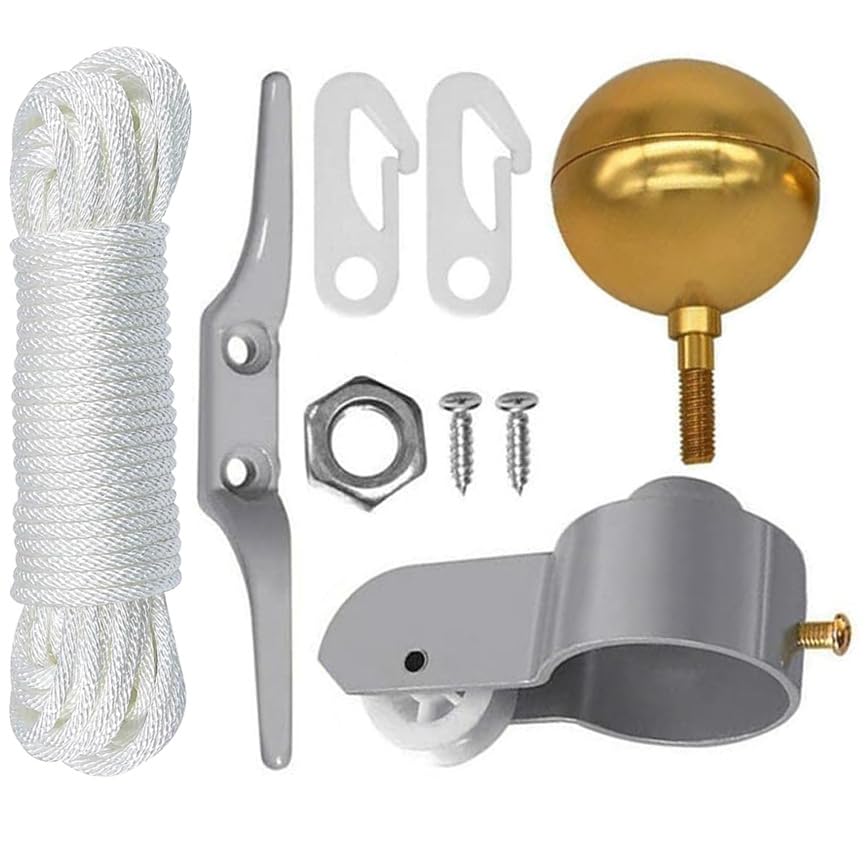 Flag Pole Repair Parts Kit, Flag Pole Kit with 38FT Rope, Accessories Include Flag Top Ball, Flag Truck with Pulley, Flag Hook Clamps, Fixing Plate,Nuts Screws for Residential Yard and Commercial Use