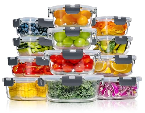 YASHE Set of 12 Glass Food Containers with Airtight Lids - BPA Free, Microwave, Oven, Fridge and Freezer Safe - Ideal for Storage, Meal Prep and Kitchen Organization