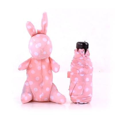 Compact Sun Rain Umbrella Anti-UV Sun Protection Parasol Manual Open and Close 5-Fold Windproof Rainproof Umbrella 6 Ribs Portable Lightweight Travel Umbrella Dot Printed with Cute Rabbit Case