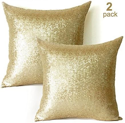 Sequin Pillow Covers 18x18 Inch-2 Pack Square Gold sequin pillow case,Glitter Decorative Throw Pillow Cases With Hidden Zipper &amp; Luxury Satin Back Side