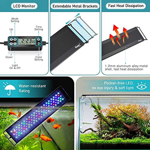 hygger Aquarium Lighting, Auto On Off LED Aquarium Lighting, 36W 24/7 Full Spectrum Fish Tank Light with LCD Monitor, 7 Colours, Adjustable Timer, 3 Modes for 91-106 cm Planted Tank