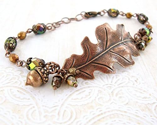 Ardent HeartsAutumn Oak Leaf Bracelet with Iridescent Green Czech Glass Beads Adjustable from 7 to 8 Inches