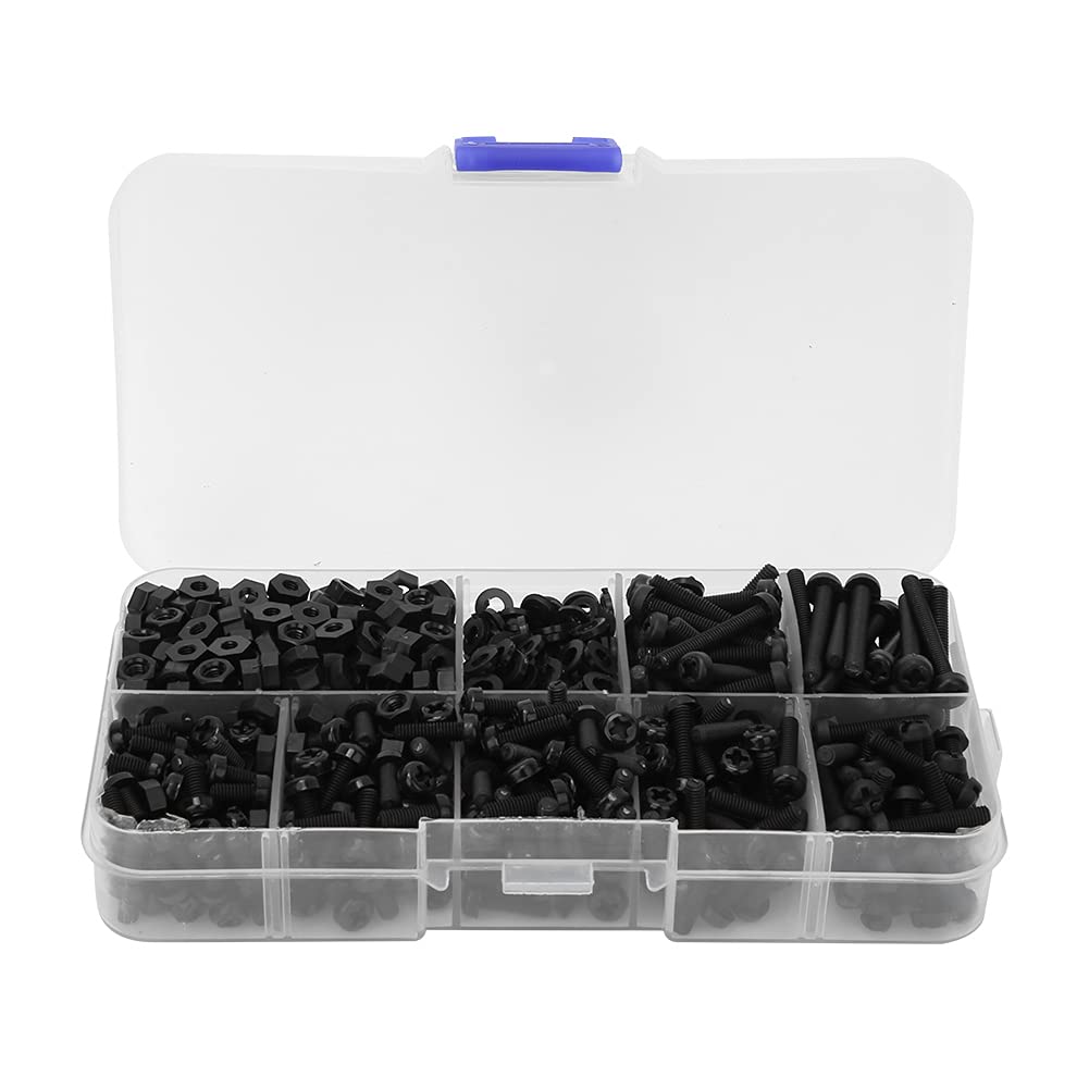 800pcs M3 Nylon Screw Kit for Laptop Repair Flat Head Socket Cap & Countersunk Screws with Washers and Nuts, Black Assorted Fasteners in Plastic Box for Electronics Assembly and DIY Projects