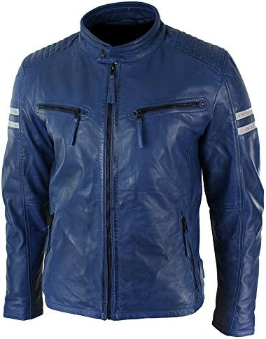 Men's Slim Fit Blue White Stripes Retro Vintage Biker Racing Real Leather Jacket (Medium)