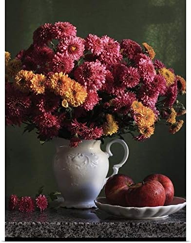 GREATBIGCANVAS Poster Print Entitled Chrysanthemums Flowers in vase with red Apples in Plate. by 18"x24"