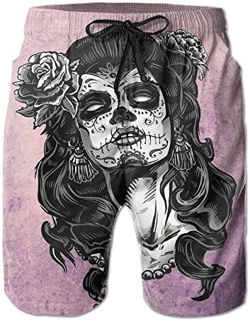 Sexy Lady Face Skull Wears Roses Men's Workout&amp;swim Trunks Quick Dry Beach Board Shorts Home Wear