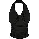 OYOANGLE Women's Plus Size Sleeveless Halter Top Ruched Backless Y2K Going Out Tank Tops