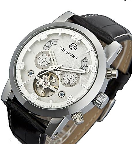 Qiyan Mens tourbillon Automatic Mechanical Leather Wrist Watches White Silver