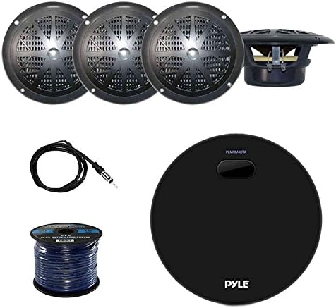 Pyle Marine Bluetooth Water Resistant Amplifier Receiver with Pyle 4 Inch Dual Cone Waterproof Stereo Speakers (Black) (2-Pairs), Enrock Marine Antenna and Enrock Audio 50 Foot 16-Gauge Speaker Wire