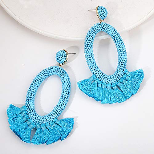 Women's Beaded Tassel Earrings Long Fringe Drop Bohemian Earings Dangle 7 Colors (Bead-Blue)