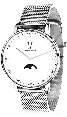 Vild Moonphase Watch in Silver Platinum White Milanese Bracelet Watch with Moon Phase Moon Calendar and Sapphire Glass Made of Stainless Steel White dial
