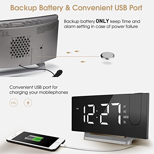 Mpow Projection Clock, FM Radio Alarm Clock, Curved-Screen Digital Alarm Clock, 5'' LED Display with Dimmer, Dual Alarm with USB Charging Port, 12/24 Hours, Backup Battery for Power Failure