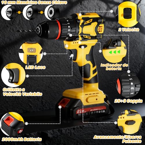 Brushless Drill Driver Battery, 21 V Percussion Drill, 70 Nm Max with 2 Batteries 2.0 Ah, 25 + 3 Pairs, 2 Speeds, LED Light, Electric Screwdriver for Screwing and Drilling Wood, Plastic and Metal