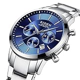 Watch,Mens Watches,Sport Casual Fashion Business Wrist Watch,Stainless Steel Waterproof Silver Blue Multifunctional Chronograph
