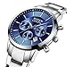 Watch,Mens Watches,Sport Casual Fashion Business Wrist Watch,Stainless Steel Waterproof Silver Blue Multifunctional Chronograph
