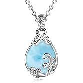 POPLYKE Larimar Teardrop Necklace Sterling Silver Larimar Stone Filigree Pendant Necklace Larimarstone Jewelry Gifts for Women