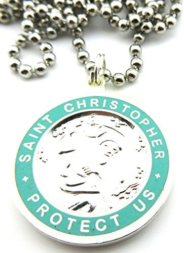 Large Saint Christopher Surf Medal Pendant Necklace Silver/Teal SV/TE