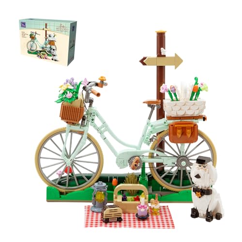 PANTASY Flower Bicycle Clamping Blocks Set, Vintage Decoration Model | Flower Bicycle Construction Set for Adults, Vintage Decoration Model with Flower Baskets, Picnic Scene, Puppy, Gift