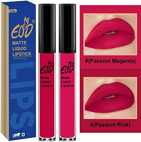 EOD® Soft Matte Kiss Proof Vegan Made in India Liquid Lipstick Long Wearing Set of 2 Lip Gloss(Passion Magenta, Passion Pink)