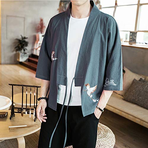 Tomppy Men's Japanese Kimono Cardigan Jacket Yukata Casual 3/4 Sleeve Crane Printed Open Front Cloak Coat Blue