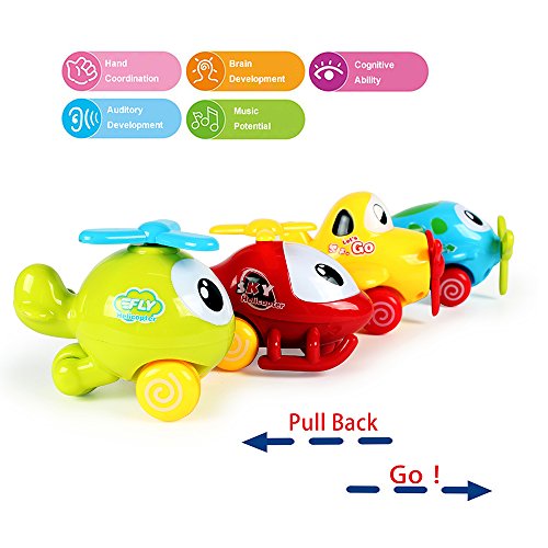 PUSITI Pull Back Cartoon Plane Assorted 4" Airplane Friction Cars Playset 4 Pack Plastic Helicopter Aircraft for Preschool Children Baby Toddlers Kids Pull-Back Vehicle Education Learning Toys - Thumbnail 4