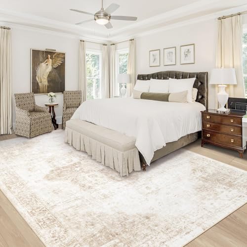 VECARF Area Rug 9x12 Washable Rug, Vintage Boho Medallion Rugs Non-Slip Soft Low Pile Large Distressed Rug Indoor Retro Carpet for Living Room Bedroom Dining Room Home Office (Beige, 9'x12')