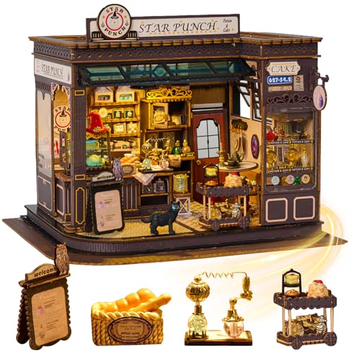Yiwsnust DIY Miniature House Kit - Coffee Shop Wooden Dollhouse Kit with LED Lights -Mini House Making Kit with Furniture - Tiny House kit for Adults to Build - Miniature Kits Craft Gift