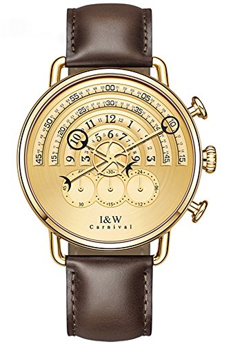 CARNIVAL Analog Quartz Chronograph Sport Watches for Men Gold Dial Leather Band (Dark Brown)