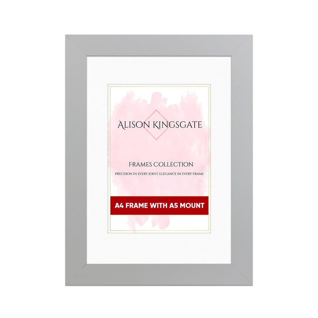 Alison Kingsgate A4 Silver Picture Frame with A5 Mount - Engineered Wood Photo Frame with Precision Cut Cardboard Mount - Ideal for Posters -Sizes & Colours Available — image 1