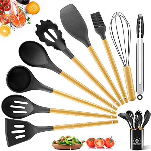 10 Stück Silikon Küchenhelfer Set, Hitzebeständig Küchenutensilien BPA Antihaft Hitzebeständiger Holzgriff Schaber Kochlöffel Suppenkelle Servierlöffel Schneebesen Grillzange Pinsel (Schwarz)