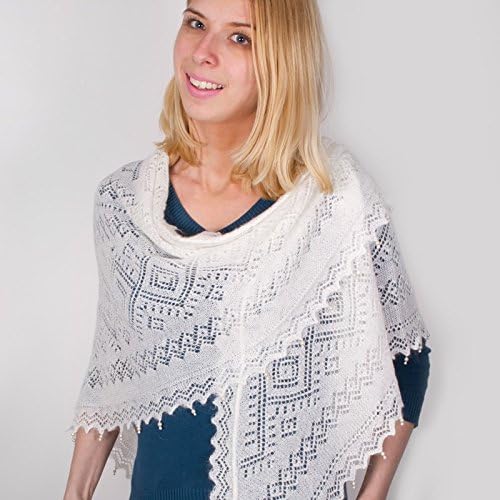 White Orenburg Goat Down Shawl Triangular Woman Shawl w/ Mother-of-pearl Beads 51.2 х 51.2 x 72.4''