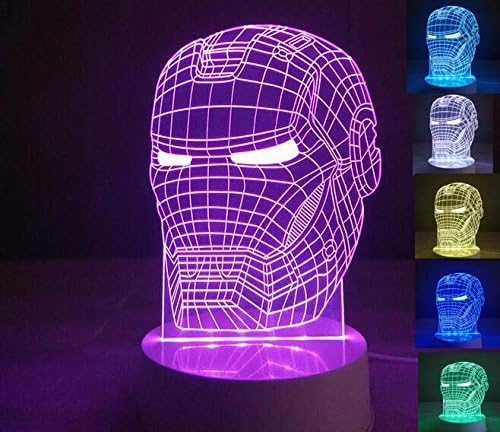 3D Iron Man Head LED Night Light Touch Table Desk Lamp for Kids Gift, Elstey 7 Colors 3D Optical Illusion Lights with Acrylic Flat &amp; ABS Base &amp; USB Charger