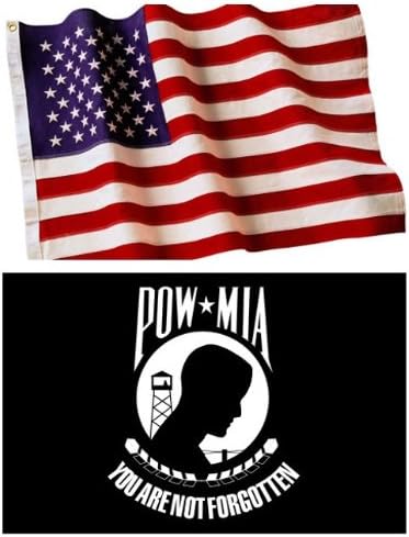 U.S. Embroidered American Flag & Printed POW MIA Single Faced Official Military Banner Both 3x5 Ft. All Weather 200 Denier #1 Quality Nylon by Licensed Manufacturer 100% Made in USA