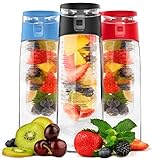 Vremi 24 Oz Fruit Infused Water Bottle - BPA Free Sports Water Bottle with Fruit Infuser Filter and Flip Top Lid Cap - Large Tritan Plastic Eco Drinking Clear Reusable Travel Water Bottles - Black