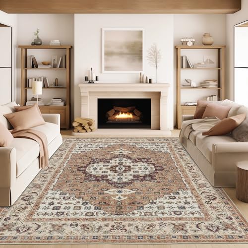 Rugland 8x10 Area Rugs - Stain Resistant Washable Rug, Anti Slip Rugs for Living Room, Vintage Tribal Area Rugs(TPR08-Orange, 8'x10')