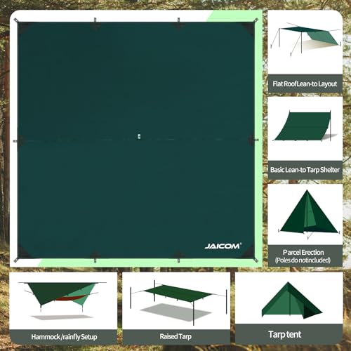 JAICOM Tarp Waterproof - 3 x 3 m / 4 m / 5 m Camping Tent Tarpaulin, Ultralight and Portable, UV Protection & Snow & Rain, with Eyelets, Nylon Ropes, Aluminium Pins, for Hammocks, Outdoor Activities, Patios