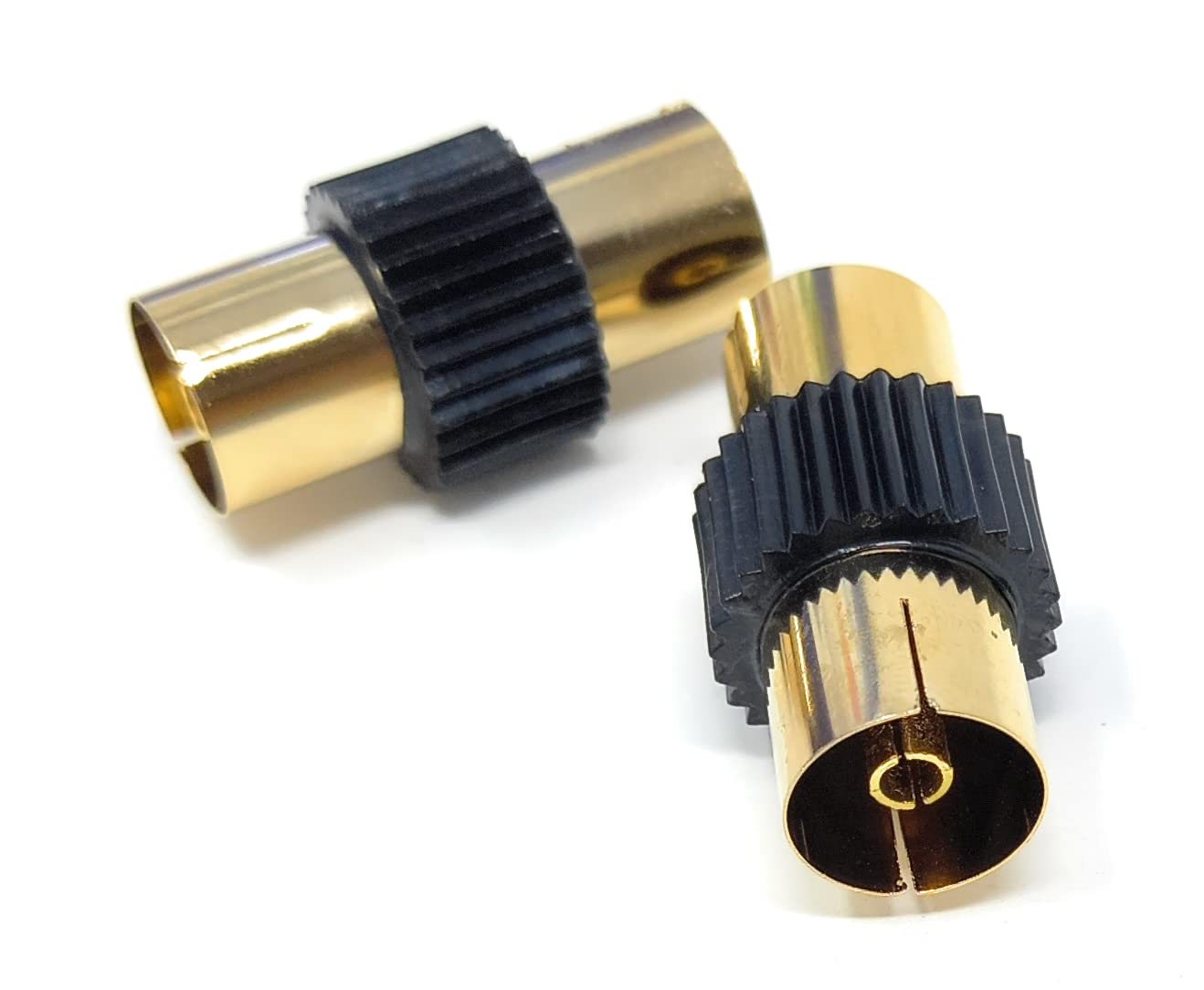 DRUT 2pcs. TV Aerial RF Lead Coupler Female to Female Socket Coaxial Connector, Coaxial Cable Adapter, Gender Changer (Black Gold)