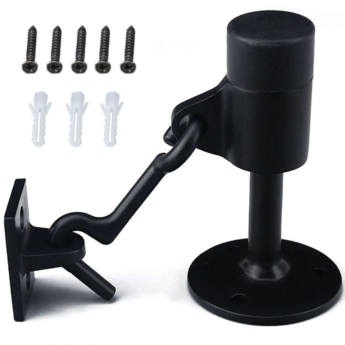 Stainless Steel Door Stopper with Hook, 3.5inch/90mm Modern Safety Door Stop with Sound Dampening Rubber & Mounting Screws, Wall Mount Doorstop for Household Door - Black
