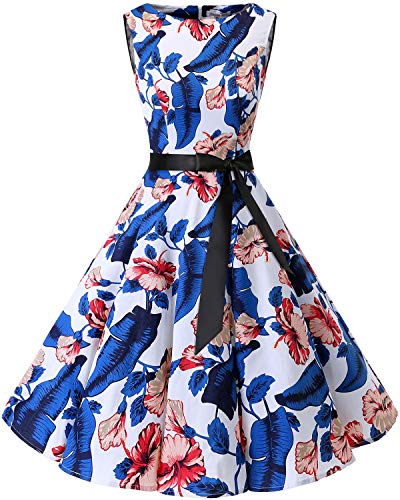 bbonlinedress Women's Sleeveless Vintage 1950s Rockabilly Cotton Floral Cocktail Evening Swing Party Dress