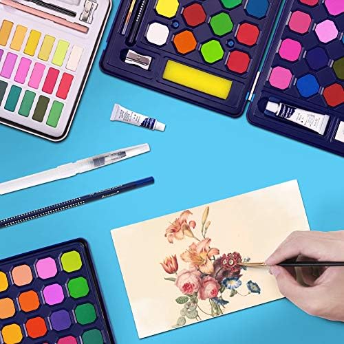 Watercolor paint set with various vibrant colors.