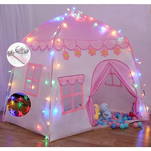 TTLOJ Gift for Christmas Play Tent with Colorful Star Lights, Princess Crown & Wand, for Girls Boys, Princess Playhouse, Pink Castle, Fairy Tale Teepee Tent, Indoor Outdoor, Birthday