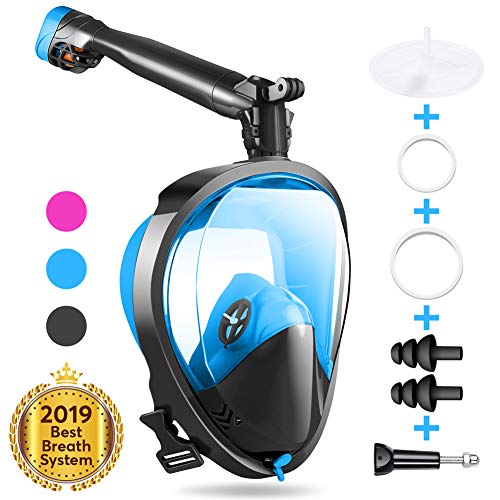 Full Face Snorkel Mask, Joso Snorkeling Mask with Newest Safe Easy Breath System, Longer 360° Rotation Tube Anti-fog 185° Panoramic Seaview Anti-Leak Dry Top Set, for Adults Diving Swimming Backstroke