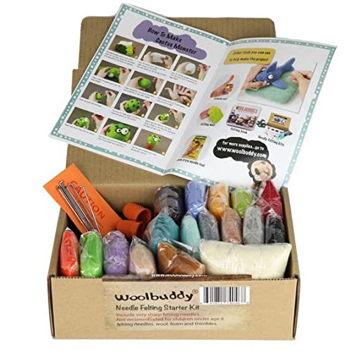 Woolbuddy Needle Felting Wool Kit – Starter Set to Make 6 Cute Animals – Includes Wool, Pad, Needles & Instructions for Beginners and Adults