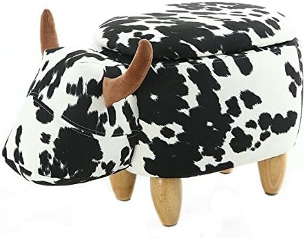 Wood Support Upholstered Footstool for Kids Ottoman Pouffe Footrest Stool 3D Cute Animal Shape (Black and White Cow (storage))