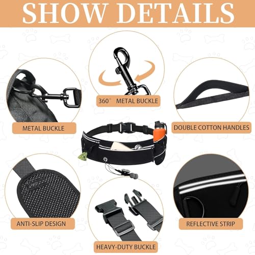 YOOJ® Waist Dog Hands Free Dogs Leash, Waist Running Leash with Zipper, Walking Pouch for Dog Walking, Reflective Dual Padded Handles Bungee Retractable Running for Medium to Large Dogs (Black)